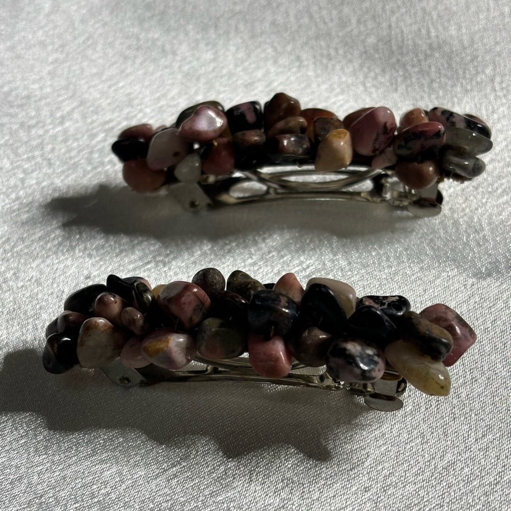 Handmade Rhodonite chips Barrettes set individually wrapped 2 inches